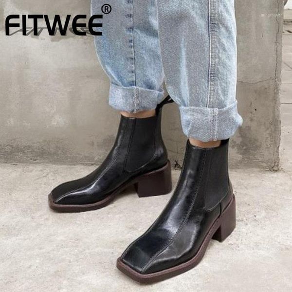 

boots fitwee women ankle genuine leather square toe thick heel winter shoes woman short boot office lady footwear size 33-401, Black