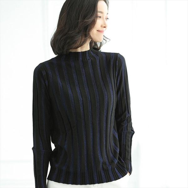 

knitted pullovers women sweaters 2021 new autumn long sleeve half turtleneck fashion striped pullover pull femme woman knit top, White;black