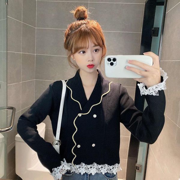 

women's knits & tees sweater retro hong kong flavor 2021 autumn korean version of joker fragrance design stitching lace long-sleeved, White