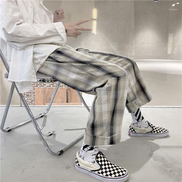 

men's cotton linen fabric breathable straight pants plaid printing cargo casual pants baggy streetwear hip hop trousers m-2xl1, Black
