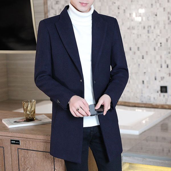 

winter mid long korean fashion british woolen coat men's windbreaker, Tan;black