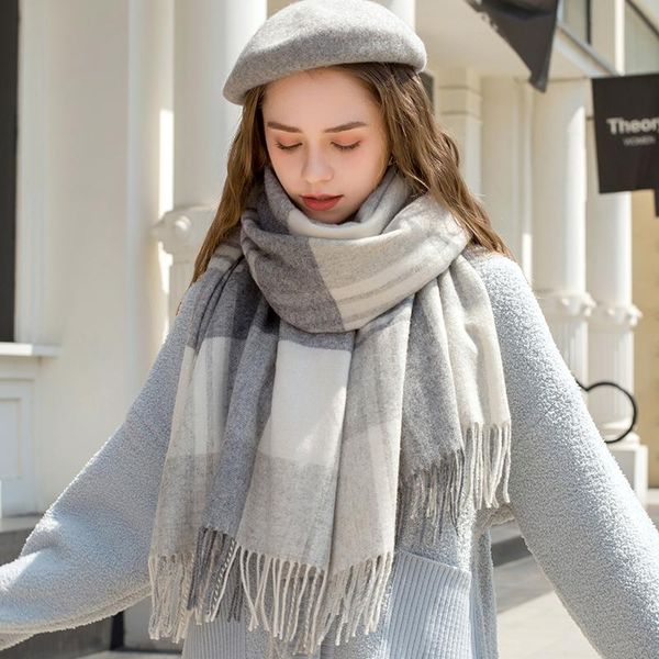 

scarves 2021 autumn&winter wool for women plaid tassels wraps shawls long warm keep fashion luxury foulard femme scarf, Blue;gray