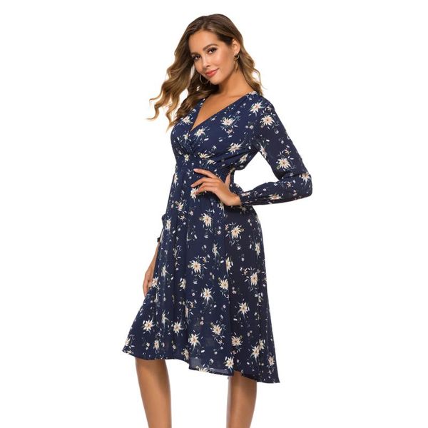 

vintage 2020 winter dress women long sleeve dress chiffon vestidos for ladies casual floral midi autumn dresses dot, Black;gray