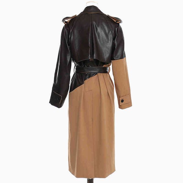 

women's trench coats [eam] women khaki pu leather big size long lapel sleeve loose fit windbreaker fashion spring autumn 2022 1dd0024 3, Tan;black