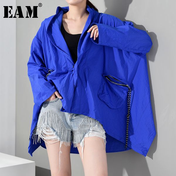 

[eam] loose fit blue brief thin big size irregular jacket new hooded long sleeve women coat fashion tide spring 2020 lj201021, Black;brown