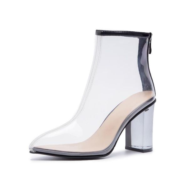 

boots mkkhou short boot women 2021 winter tpu pointed transparent crystal chunky heels 9cm high heel size 33-42, Black