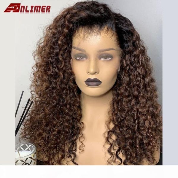 

curly lace front wigs brazilian remy human hair wigs with baby hair ombre dark brown lace frontal wig t part wig for women, Black;brown