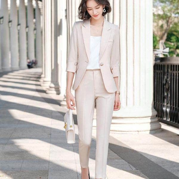 

2021 spring elegant women's pants suit balck apricot blazer +trouser bussiness jacket office lady 2 pieces set plus size s-5xl, White