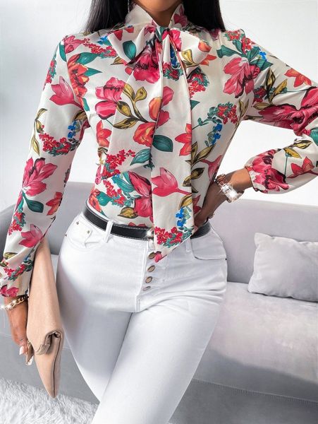 

sxy floral print tie neck blouse 64g7#, White