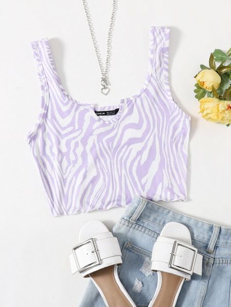 

notched neck lettuce trim zebra striped tank 19jj#, White