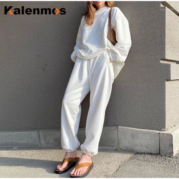 

sets women high street vintage solid color hoodies kalenmos tracksuit sweatshirt and jogging trousers women pants two pieces set1, Gray