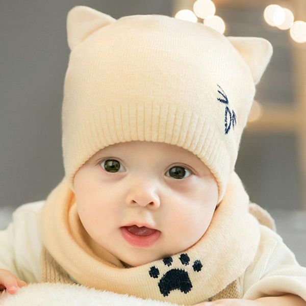 

caps & hats cartoon cat scarves infant boys girls autumn winter warm crochet beanie set 2pcs/set born baby knitted hat scarf, Yellow