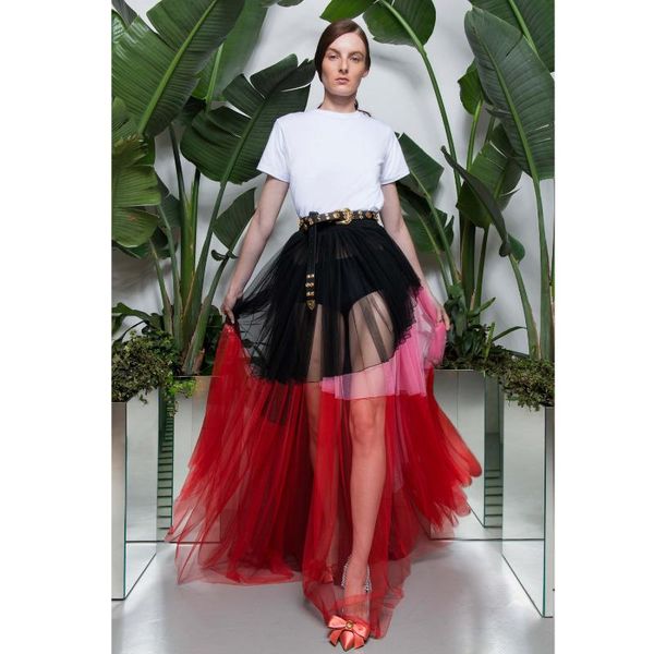 

skirts 2021 chic mix color illusion long women tulle elastic see thru fashion maxi skirt mujer faldas, Black
