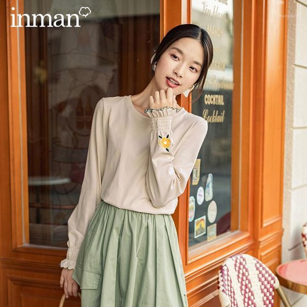 

inman 2020 autumn new arrival female women girl elegant style good elastic comfortable cotton contrast color t-shirt1, White