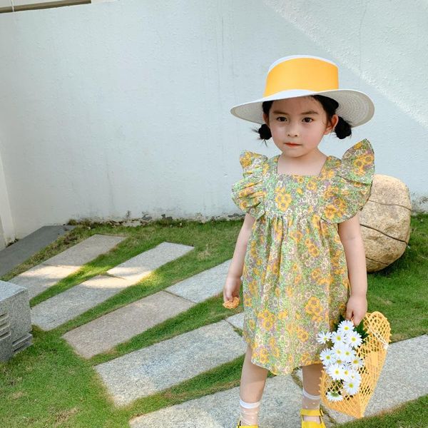

girl's dresses children's clothing 2021 style flying sleeve pastoral dress floral girl summer l7.2, Red;yellow