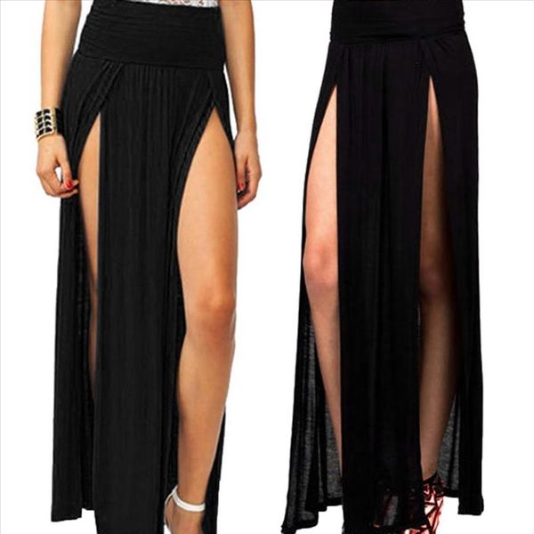 

women solid color high waist double side slit cocktail full length skirt less crumpled and easy to take care of, Black