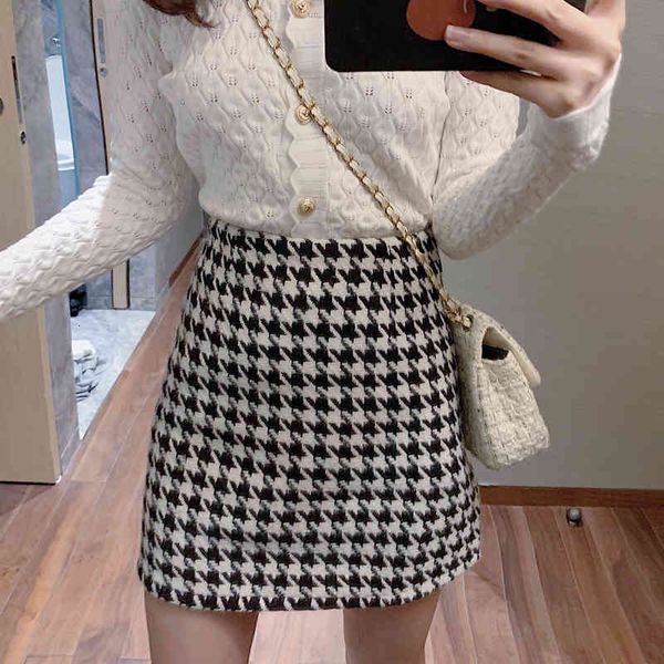 

skirts high-waist houndstooth woolen skirt women's short all-match black wk8x