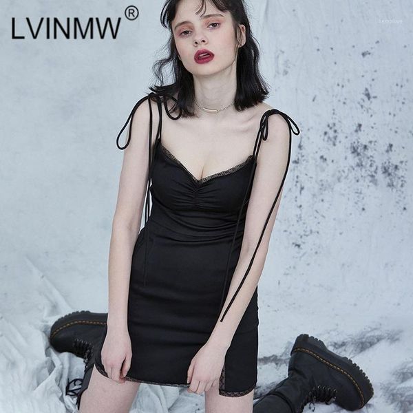 

lvinmw spaghetti straps bow lace patchwork slim dress 2020 new women front ruched v neck dresses female party club outfits1, Black;gray