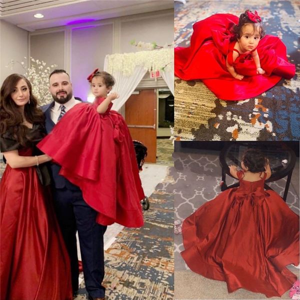 Rotes Satin-Ballkleid-Abend-Partykleid für Teenager 2021, schulterfrei, große Schleife, Prinzessin-Mädchen-Festzug-Kleid, Blumenmädchen-Erstkommunion