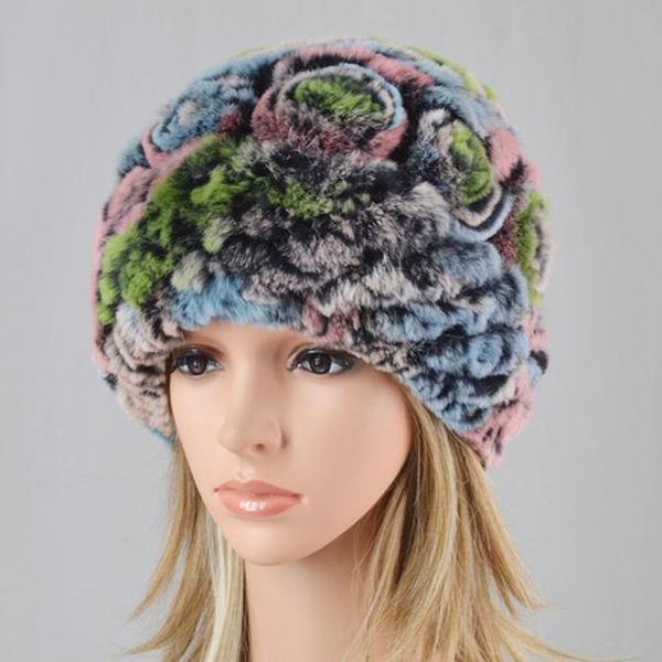 

women real rex rabbit fur hats knitted striped lady natural rex rabbit fur beanies cap winter warm flowers caps wholesale retail wmtsod
