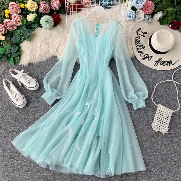 

young gee elegant spring v-neck lantern sleeve applique feather mesh fairy dress women mesh midi flare swing dresses vestidos1, Black;gray