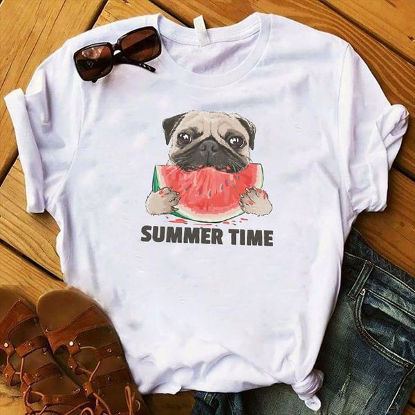 

fashion women t womens watermelon dog pug summer time cartoon graphic tshirt female tee shirt femme ladies clothes t shirt, White