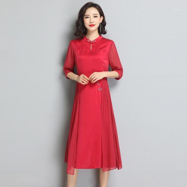 

embroidered silk dress, mulberry silk , children's mother's dress, a new women's dress in 2020 summer1, Black;gray