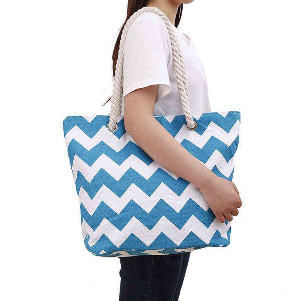 

shopping bags summer new wavy striped women canvas handbag large capacity single shoulder female casual beach tote 220307