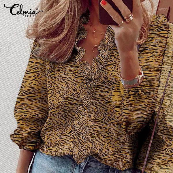 

celmia vintage zebra pattern shirts women ruffles blouses 2020 autumn casual long sleeve v-neck loose plus size blusas1, White