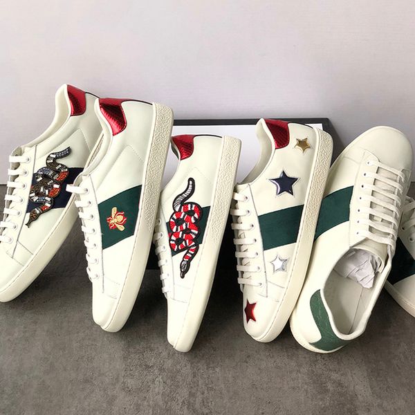

2019 genuine leather flats designer sneakers men women classic casual shoes python tiger bee flower embroidered cock love sneake, Black