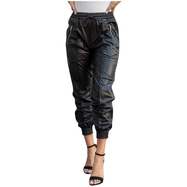 

women pu leather pants fashion street lady elastic waist pencil pants autumn drawstring sweatpants pockets cool trousers #yl1, Black;white