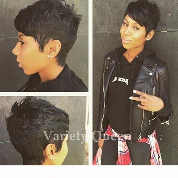 

6a grade glueless rihanna chic cut short human hair wigs unprocessed brazilian human hair wigs for black women, Black;brown