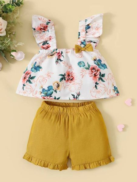 

baby floral print ruffle trim bow & shorts she01, White