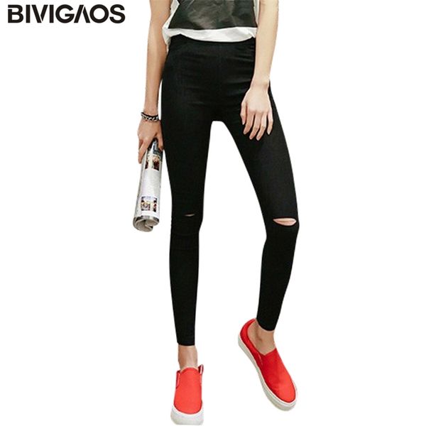 Bivigaos İlkbahar Yaz Bayan Dokuma Delik Legging Kalem Pantolon Yırtık Kot Tozluk Pantolon Kadınlar için Gotik Tayt Siyah Beyaz LJ201007
