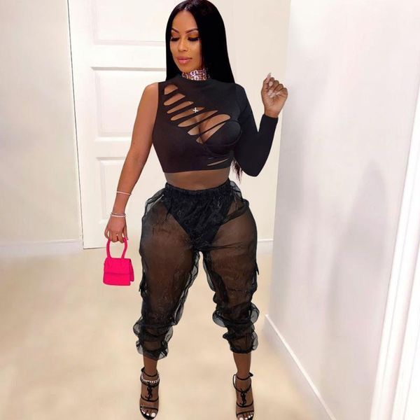 

2 piece sets womens outfits one sleeve hollow out crop sheer pants festival birthday club party two piece women set1, Gray