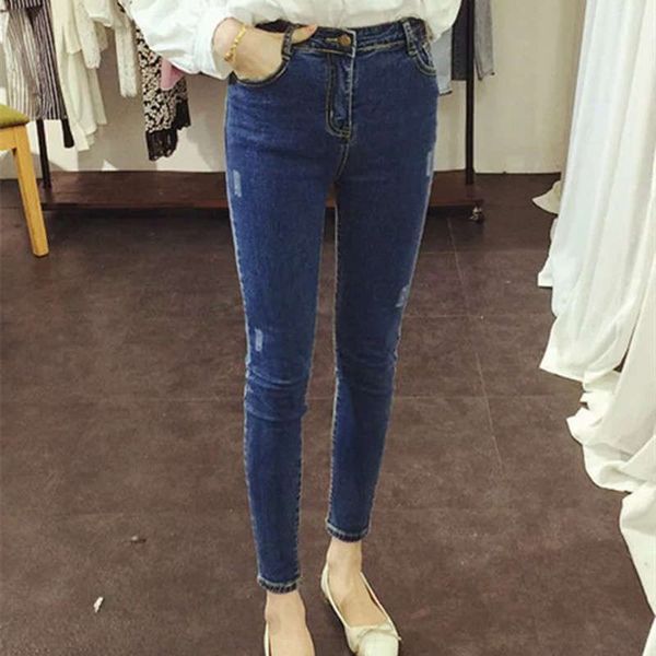 

dark pencil jeans spring and summer slim korean fashion women's elastic pants, Blue
