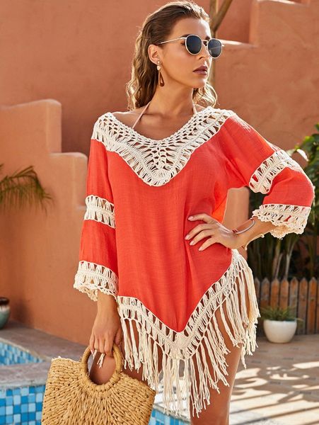 

crochet detail macrame fringe hem cover up without bikini c2xb#, White;black
