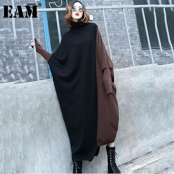 

casual dresses [eam] women contrast knitting big size long dress turthleneck sleeve loose fit fashion tide spring autumn 2021 1db481, Black;gray