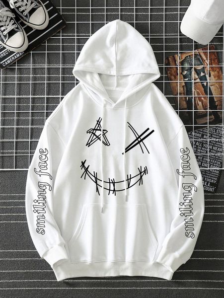 

men letter & cartoon graphic kangaroo pocket drawstring hoodie y5h1#, Black
