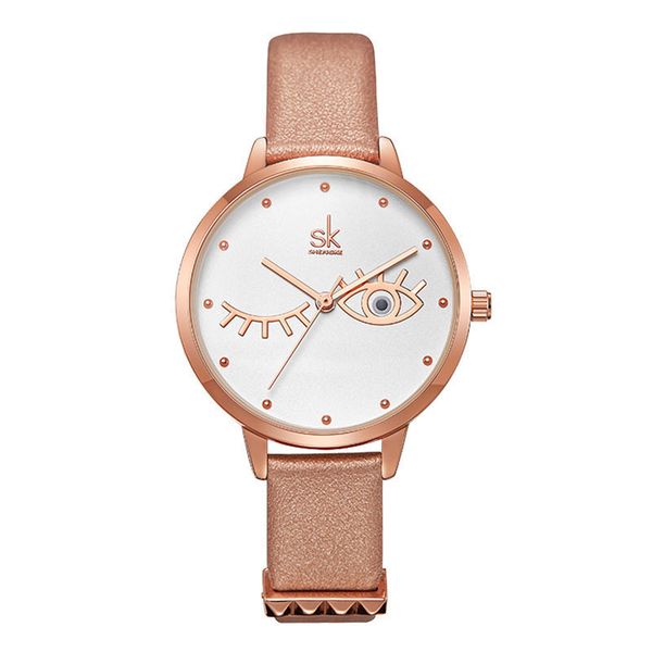 

shengke quartz movement ladies wristwatch creative thin watch case analog dial face watches for women 001 leather strap pin buckle, Slivery;brown