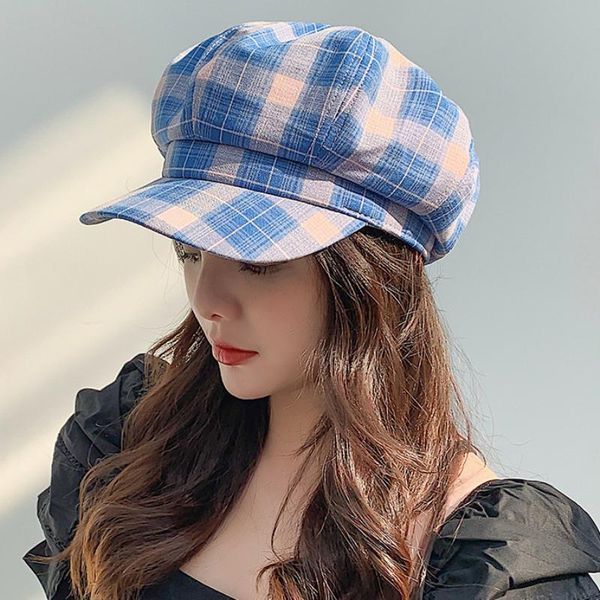 

sboy hats ht3017 beret cap 2021 spring summer hat women vintage plaid octagonal ladies retro artist painter, Blue;gray