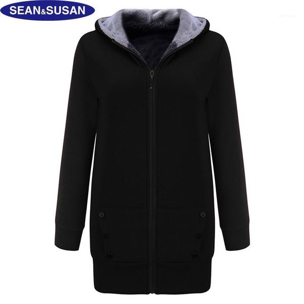 

wholesale- sean&susan velvet hooded long coat fleece lined slim jacket women faux fur basic coats winter black hoodies veste doudoune femme1, Black;brown