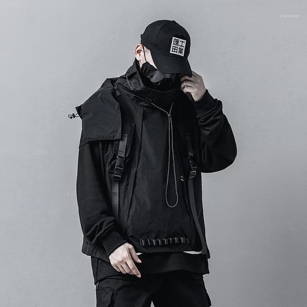 

men vests pullover hooded sleeveless cargo jacket vest removable hat male high street hip hop tooling coat waistcoat outerwear1, Black;brown