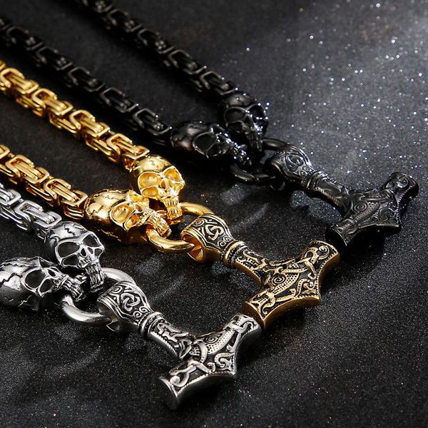 

chains gothic punk rapper skull death heads pendant necklace for men 27 inches stainless steel chain vintage halloween biker jewellery, Silver