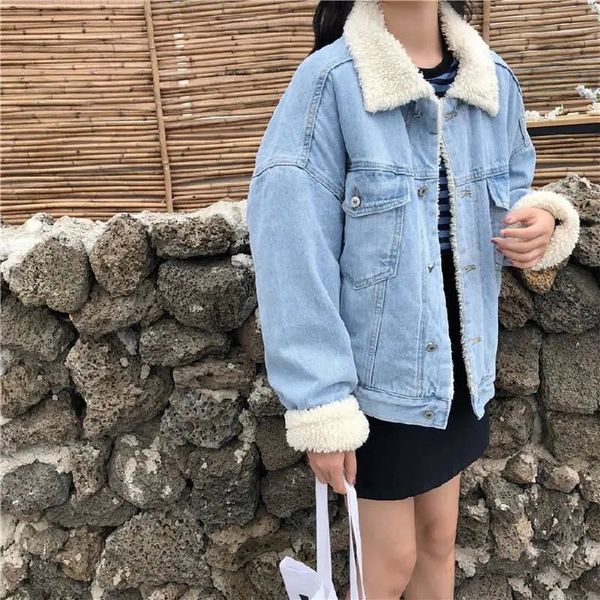 

2021 new lamb wool denim female coat autumn single lapel breasted amendment versatile small stuffed locomotive clothes 4wx6, Black;brown