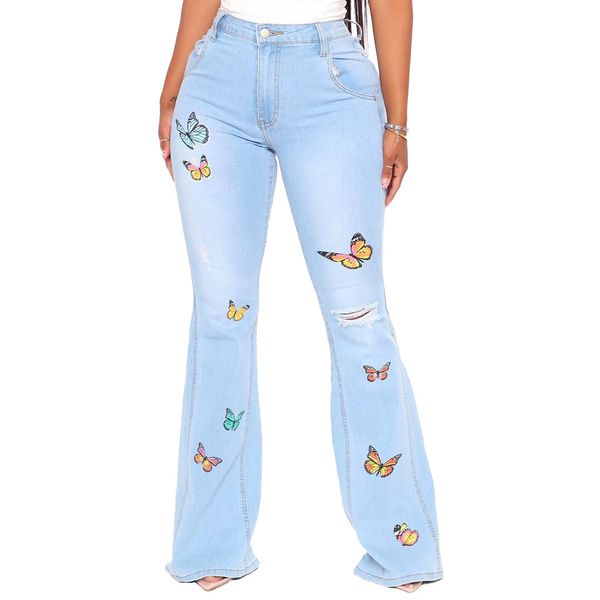 

women colorful butterfly hole flare jeans light blue mid waist long jeans ladies pants