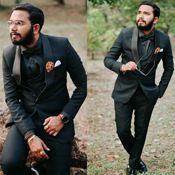 Свадебные костюмы для мужчин Black Tuxedos Plus Размер Groom Prom Party Business Blazer Part Tuxedo (куртка + жилет + брюки)