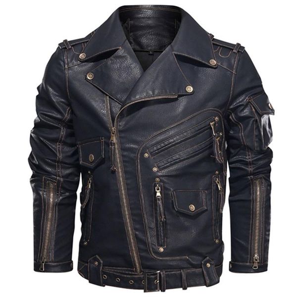

winter mens leather jacket men fashion motorcycle pu leather jacket cool zipper pockets coats eu size, Black