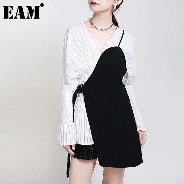 

eam] women loose fit black irrgular bandage stitch vest new v-collar sleeveless fashion tide spring autumn 2020 1da977, Black;white