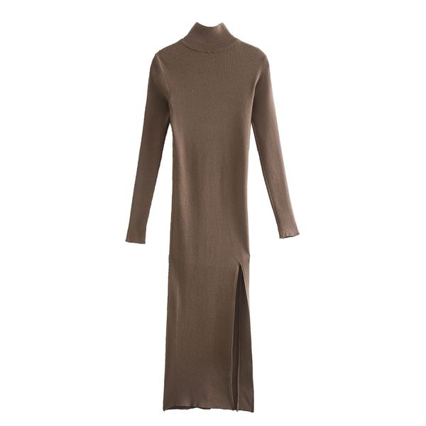 

2021 new elegant women turtleneck slim dresses 2021 fashion ladies slit side dress streetwear female solid brown knitted vestidos 1mnq, Black;gray